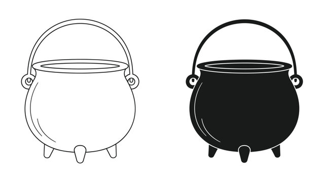 Cauldron Icons: A pair of cauldron icons, one outlined in black and white, the other a solid black silhouette, representing a magical or alchemical vessel.