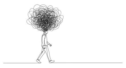 Fototapeta premium Man with tangled thoughts in head walking, abstract concept illustration