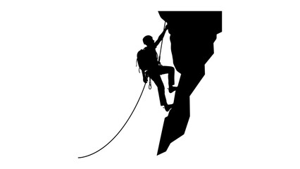 Silhouette of a Climber Ascending a Cliff: A lone climber, depicted as a stark black silhouette, ascends a rugged cliff face. © Md