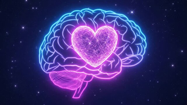 Glowing neon brain with wireframe heart pulsing in starry space background for emotional intelligence and mental health concept.