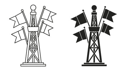 Naklejka premium Vector Oil Derrick with Flags: A simplified graphic representation of an oil derrick, depicted in both outline and silhouette, adorned with triangular flags.