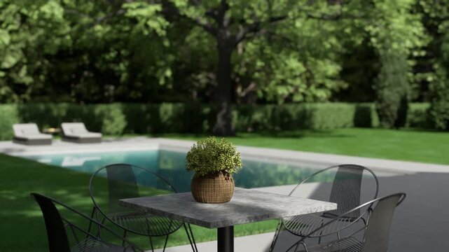 Elegant Backyard Pool Patio with Table and Flowers