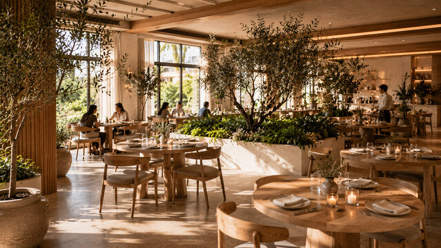 Jasna restauracja z ogrodem wewnętrznym i drewnianymi stolikami