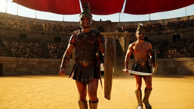 Epic cinematic IMAX-style close-up of two ancient Roman gladiators entering sunlit Colosseum arena, dust rising, crowd cheering in historic gladiatorial combat scene footage