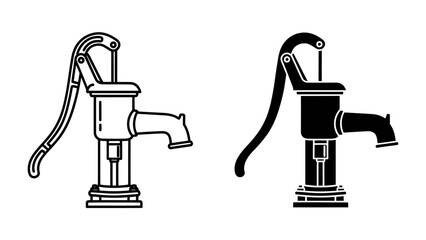 Hand Pump Iconography: Two distinct representations of a traditional hand water pump, one outlined and the other solid black, illustrating a classic tool for drawing water. © Murshida