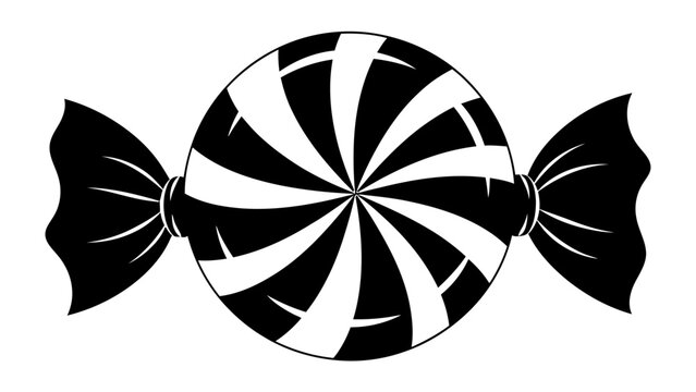 Swirl Candy Silhouette: A striking black and white graphic illustration of a round candy, wrapped in twisted cellophane, featuring a bold spiral pattern.