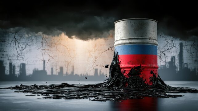 Crude oil spilling from rusty barrel with Russian flag colors concept
