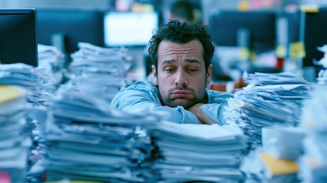 A tired and stressed corporate employee looks down in despair while sitting at his desk, completely surrounded by messy stacks of documents and files in a busy modern office environment.