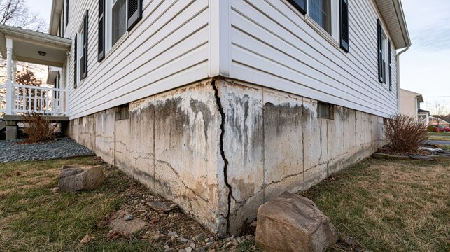Large vertical crack in concrete foundation wall of residential house due to settling