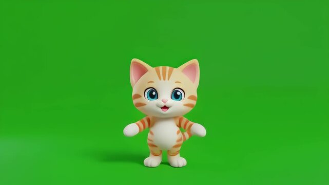 Cute orange tabby kitten dancing with joy against a vibrant green screen background in cinematic motion