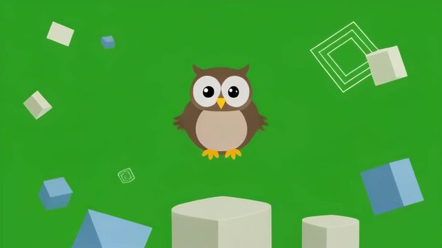 Cute owl character with geometric shapes on green background seamless loop animation