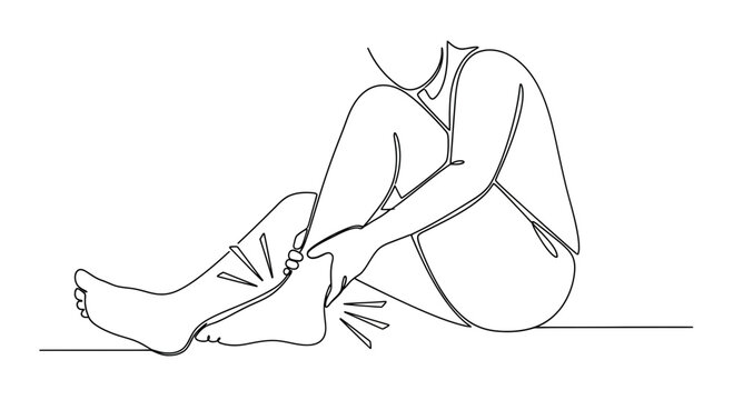 Person holding ankle in pain, continuous line drawing, medical concept
