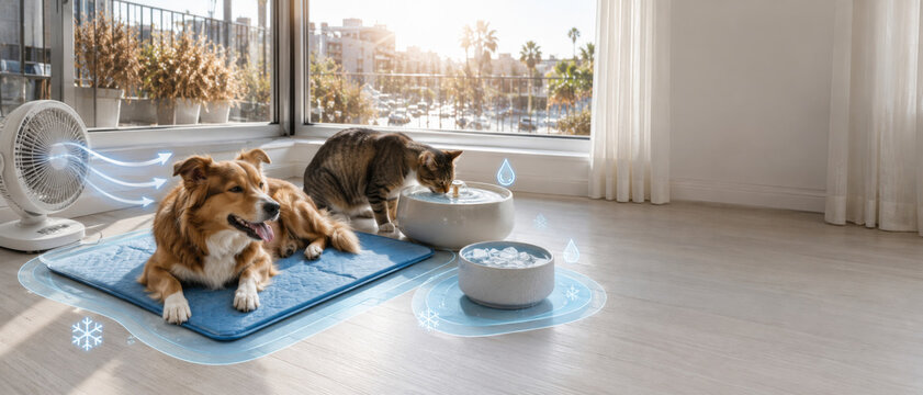 Dogs and cat staying cool at home with fan during a heatwave