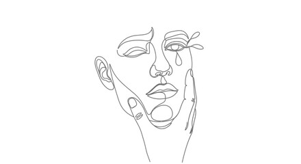 Obraz premium Sad Woman Face Line Art Drawing, Single Line Art Tears, Emotional Expression