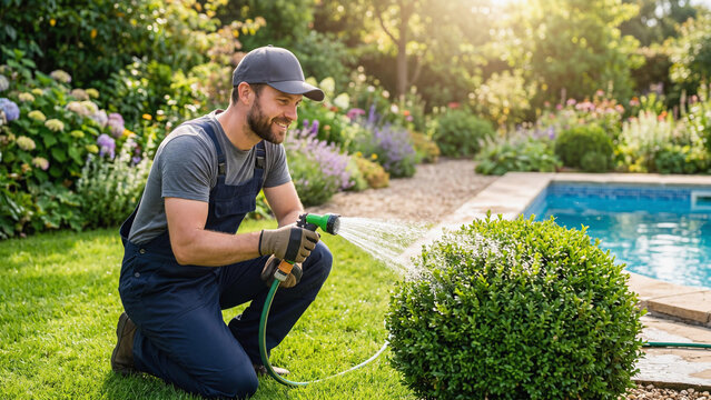 A smiling Caucasian male gardener in dark blue overalls watering a green round boxwood shrub with a hose. Professional backyard garden maintenance near a swimming pool on a sunny summer day.