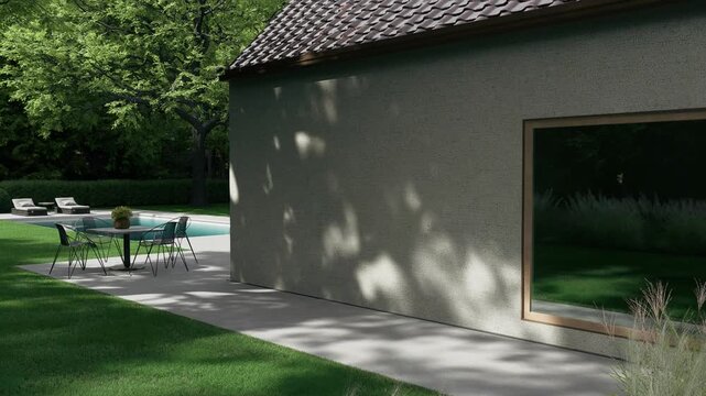 Cozy Backyard Patio with House Wall and Swimming Pool
