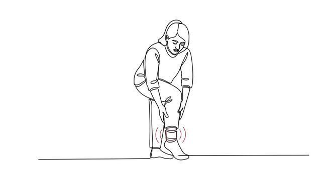 Woman with leg pain, ankle injury, medical illustration, simple line art
