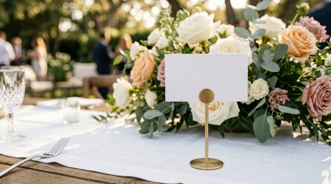 A decorative place card holder with a blank card amidst flowers at an outdoor event.