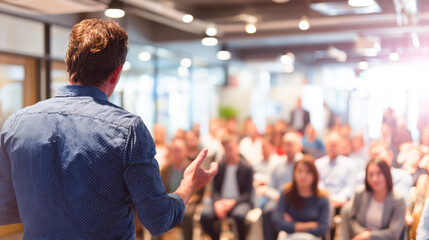 Fototapeta premium Business speaker presents to audience in corporate training seminar room with rear view