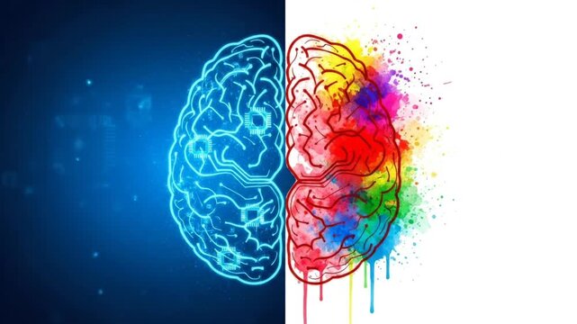 Human brain animation showing logical left and creative right hemispheres with digital circuits and colorful watercolor paint splashes