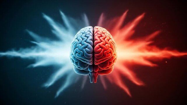 Human brain glowing with blue and red energy representing duality of logic and emotion against a dark background