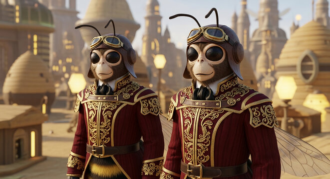 Two anthropomorphic bee characters in steampunk aviator gear and ornate coats, set against a fantastical city backdrop, symbolizing imagination and adventure