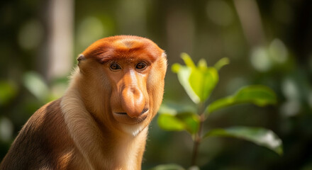 Naklejka premium Close-up portrait of a proboscis monkey with a prominent nose, set against a blurred green forest background, representing wildlife and nature conservation