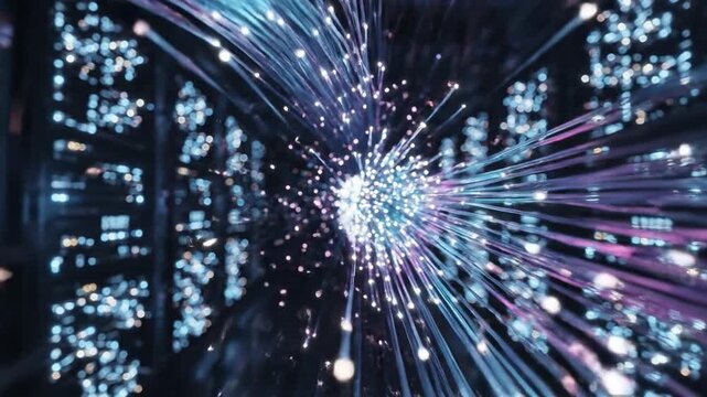 Fiber optic cables glowing with cyan and magenta light in a high speed abstract data stream