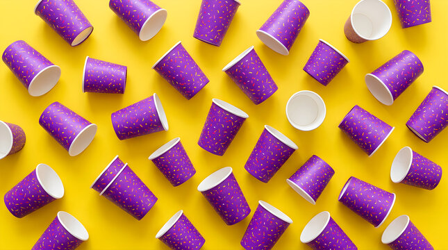 Vibrant purple paper cups on yellow background with colorful sprinkles