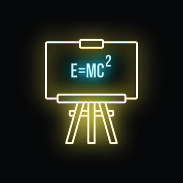 Chalkboard displaying the emc formula with vibrant neon glow on a dark background