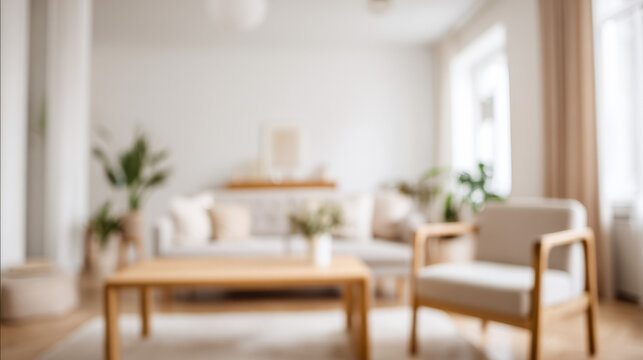 Minimal living room design in Scandinavian style with white walls and wood furniture