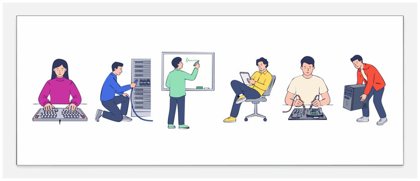 IT support engineers programmers coding computer hardware, repairing network servers, planning on whiteboard, and assembling PC components in clean flat vector line art illustration style set.