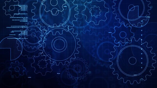 4K animated blueprint background featuring rotating mechanical gears, engineering diagrams, and technical interface graphics for industrial, manufacturing, and technology presentations