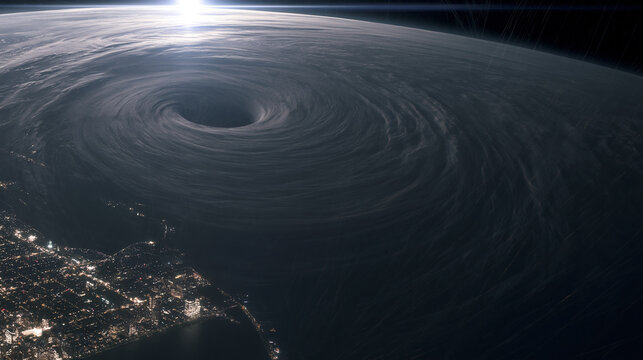 godlike view from space of enormous super hurricane over coastline, massive super hurricane with perfect eye seen from orbit, extreme rotating cyclone covering entire coastline from space