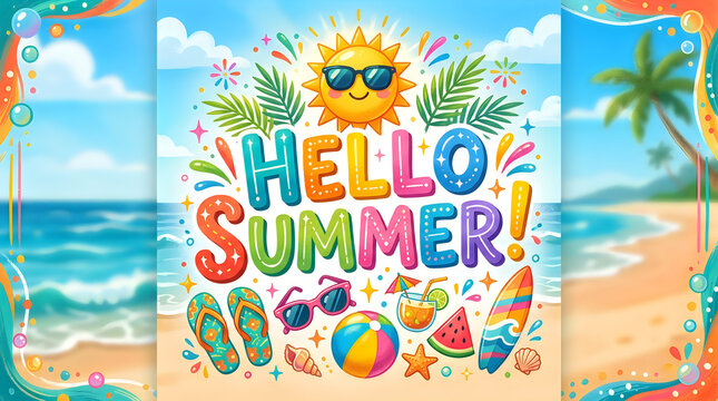 Hello summer beach sign with colorful beach balls and sunglasses sun