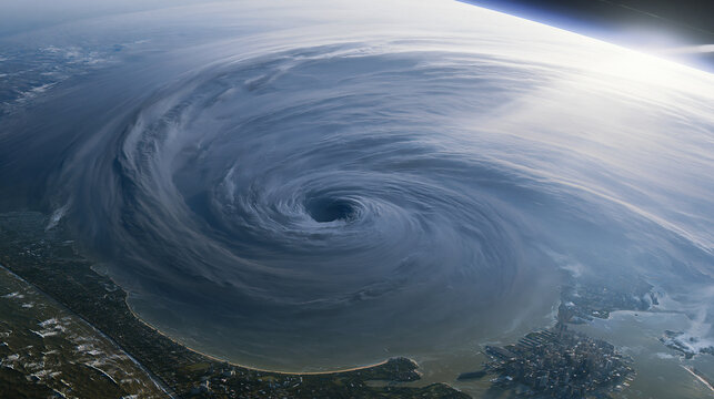 godlike view from space of enormous super hurricane over coastline, massive super hurricane with perfect eye seen from orbit, extreme rotating cyclone covering entire coastline from space