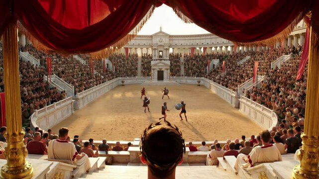 Ancient Roman gladiator combat in a grand amphitheater, viewed from the emperor's throne with ornate marble and gilded decor, showcasing a packed Colosseum and intense arena action