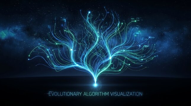 Evolutionary Algorithm Visualization Digital Tree Glowing Neon Branches Blue Green Galaxy Background