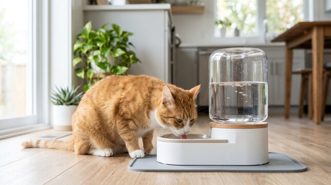 Cat drinking water from gravity water dispenser in modern home setting. Stylish water dispenser designed for pets with clear reservoir, providing fresh water for feline friends.
