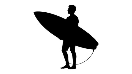 Silhouette of a Surfer: A male surfer stands holding a surfboard, captured in a stark black silhouette against a white background, embodying the spirit of ocean adventure. © Md