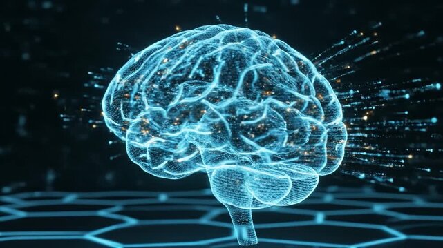 Futuristic digital human brain rotating with glowing synapses and neural activity on a grid floor