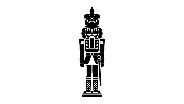 Classic Nutcracker Soldier Illustration: A striking silhouette of a traditional nutcracker soldier, depicted in black and white, stands tall with regal attire and a stern expression.