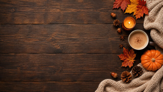 Composizione autunnale con bevanda calda e decorazioni su legno. Generative AI 