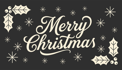 Merry christmas holiday greeting with snowflakes and holly on dark background © firoz