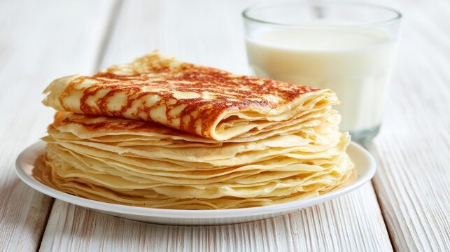 Thin pancakes stacked on a plate, with a glass of milk, rest on a white wooden surface.