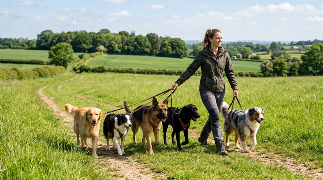 Dog walker with multiple dogs enjoying a sunny day in the field. Dog walking adventure includes golden retriever, border collie, labrador, and other dog breeds on leashes.