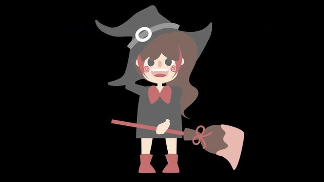 animated loop video happy halloween holiday festival with girl wearing witch costume holding broom, overlay transparent prores 4444 4K