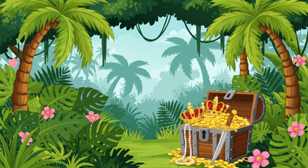 Tropical Jungle Treasure Chest Vector Illustration Design featuring Golden Coins and Royal Crowns in a Lush Rainforest Environment 37 © Life Studio