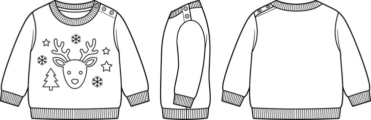 Baby Christmas sweater technical fashion sketch showing front, side, and back views of a reindeer pullover © Md Atiar Rahman