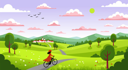 Fototapeta premium Vector illustration design of a woman in a red dress cycling through a beautiful rolling green countryside landscape under a summer sky 34